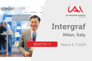 IAI Industrial Systems booth promotion for Intergraf 2025 in Milan, focusing on currency and identity solutions