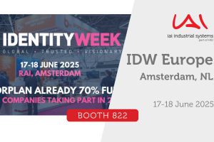 Promotional banner for Identity Week Europe 2025 in Amsterdam, featuring booth 822 and IAI Industrial Systems logo