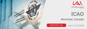 Promotional banner for ICAO event in Montréal, Canada, featuring booth number 22 and IAI Industrial Systems logo