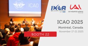Conference setting for ICAO 2025 in Montréal, featuring the ICAO logo, audience, and Booth 22 promotion
