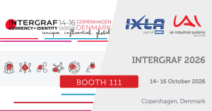 Intergraf Currency + Identity 2026 event banner showing dates, location in Copenhagen, Denmark, booth number 111, and logos of IXLA and IAI Industrial Systems, part of HID.